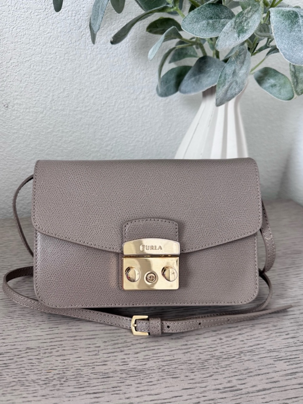 Furla Taupe/Gray Leather Crossbody with Gold Lock